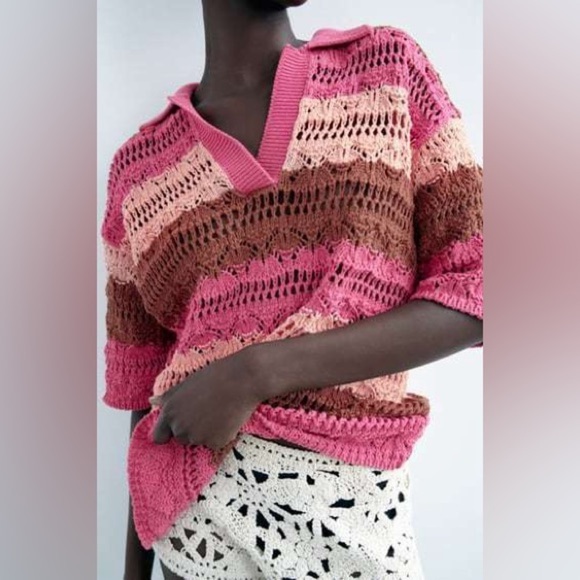 Zara OVERSIZED STRIPED KNIT POLO SWEATER Pink - Picture 15 of 16